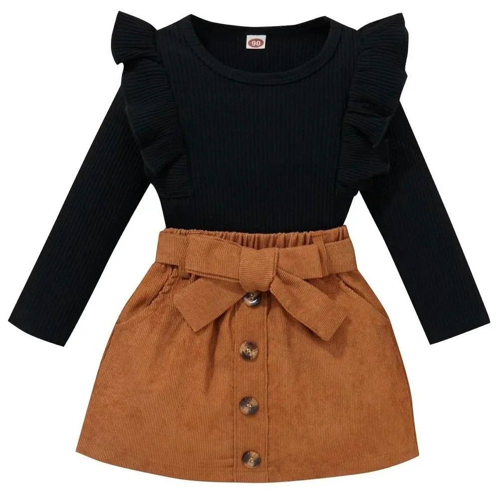 Girls Black Ruffle‎ Ribbed Bodysuit and Tan Corduroy Skirt Set 12-18M with Belt